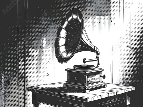 Vintage gramophone playing vinyl record on retro grunge background