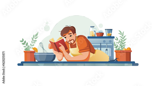 Man in apron reading a book in the kitchen with bowl whisk plants and oven in the background scene