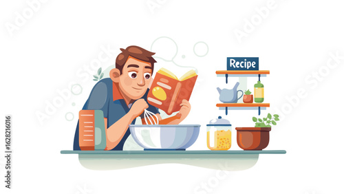 Man reading a recipe book while whisking ingredients in a bowl in a kitchen setting illustration