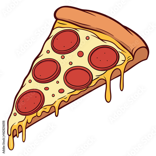 Cartoon pepperoni pizza slice has cheese drippings and is presented on transparent background