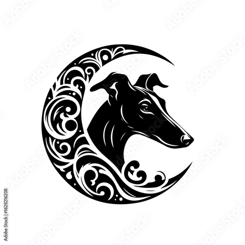 Stylized Greyhound Portrait in Ornate Crescent Moon.