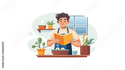 Man reading cookbook while preparing food in kitchen with plants shelf and window in background