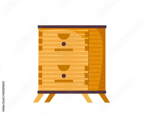 Bee hive. Honey beehive or bees nest vector flat cartoon illustration isolated on white background. Honey and beekeeping concept. Wooden beehive. Honey making equipment. Apiary work with hives