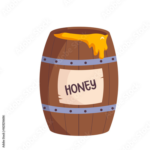 Cartoon wooden barrel of honey. Oak keg with honey vector flat icon illustration isolated on white background. Honey apiary production. Beekeeping farm equipment. Healthy food, pot with dessert.