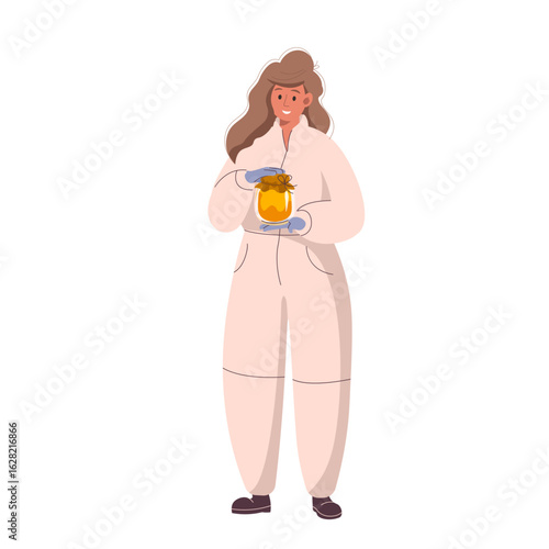 Beekeeper or apiarist female cartoon character with a jar of honey flat vector illustration isolated on white background. Smiling honey seller or hiver. Character in uniform and mesh protective hat.