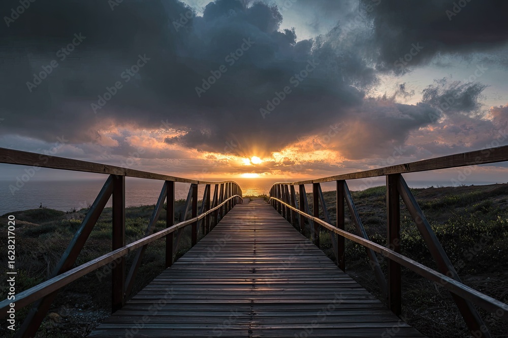 Fototapeta premium Wooden pathway leading to a vibrant sunset