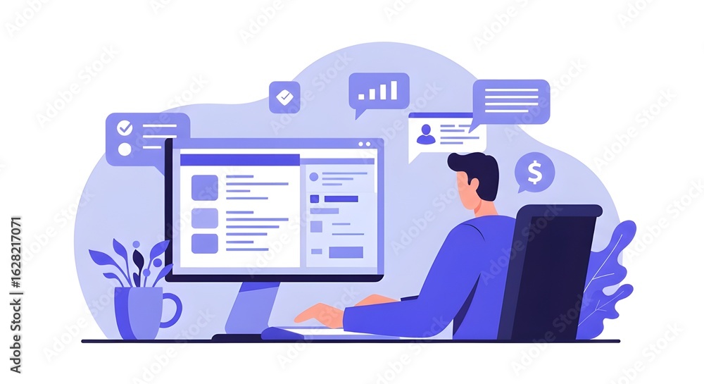 Obraz premium Skilled Accountant Using Accounting Software On Desktop Computer In Modern Office, Managing Financial Records, Bookkeeping, Invoicing, And Streamlining Business Finances Efficiently