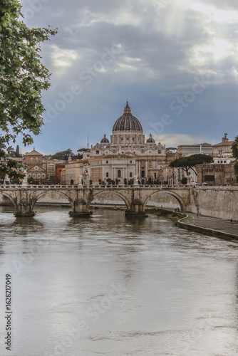 St. Peter's Basilica and Ponte Sant'Angelo over Tiber River in Rome, Italy