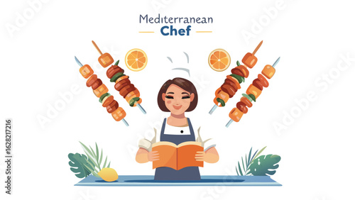 Illustration of a female chef with skewers, lemons, and a cookbook in a bright and cheerful style