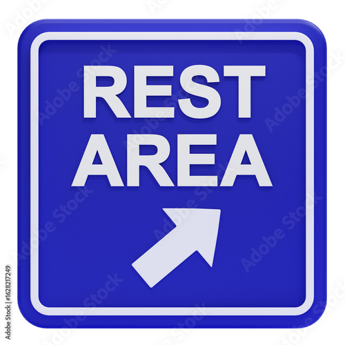 Blue rest area sign with arrow highway roadside signage travel direction