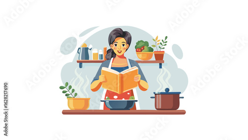 Woman reading a cookbook while cooking in the kitchen with pots and shelves in the background scene