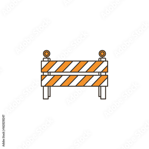 A vector illustration depicts a striped orange and white road barrier with two lights, isolated on a clean white background, indicating construction or caution.