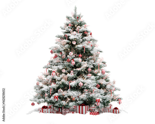 Flocked Snowy Christmas Tree with Red and White Ornaments, Front View, Isolated on Transparent Background PNG