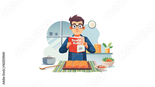 A man in kitchen reading sushi rolls recipe book with sushi rolls and ingredients on the counter top
