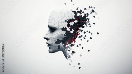 Side profile of a jigsaw puzzle face with missing pieces and red light on white background
