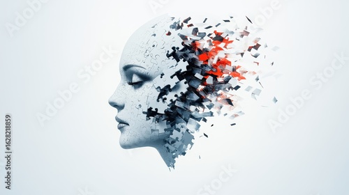 Abstract head composed of puzzle pieces disassembling with red and grey fragments on a light background