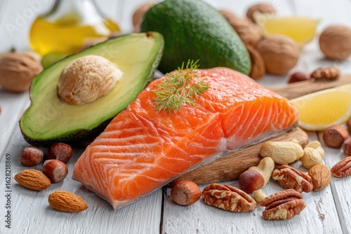 Fresh, healthy foods arranged on a white wooden surface.  Avocados, salmon, nuts, and lemon slices are visible, along with a small amount of oil