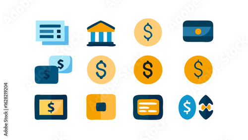 Finance and Banking Icon Set Including Mobile Banking, Investment, Credit Card, Loan, ATM, Budgeting, Savings, and Money Transfer Symbols in Vector