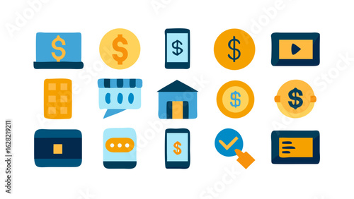 Finance and Banking Icon Set Including Mobile Banking, Investment, Credit Card, Loan, ATM, Budgeting, Savings, and Money Transfer Symbols in Vector