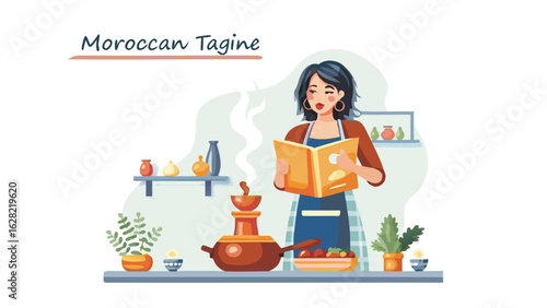 Woman in kitchen reading cookbook while preparing a tagine with shelves and plants in background