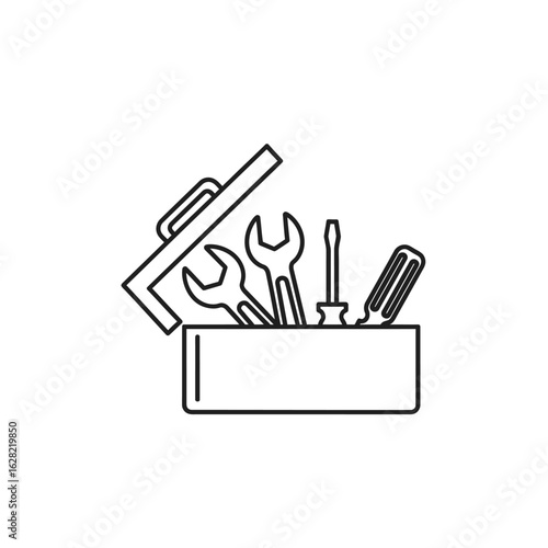 An open toolbox with a wrench, screwdriver, and other tools inside is depicted in a simple, minimalist line drawing on a white background, showcasing repair work.