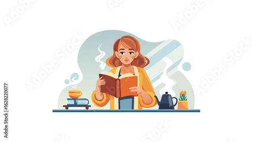 Woman reading a book with a tea cup on books and a tea pot with flowers on a table indoors