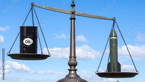 Balance scale weighing oil barrel vs. missile. Symbolizes energy vs. war, geopolitical conflict, global power, resource allocation, military spending. For news, finance, international relations.
