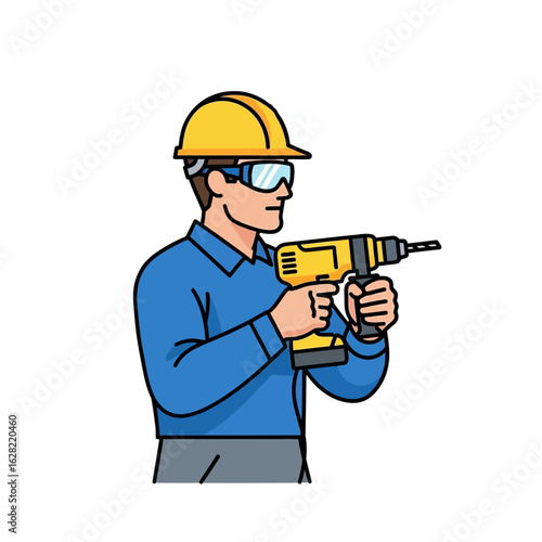 A construction worker, wearing a yellow hard hat and safety glasses, carefully operates a yellow and black cordless drill, ready for precision work on a construction site or home improvement project.
