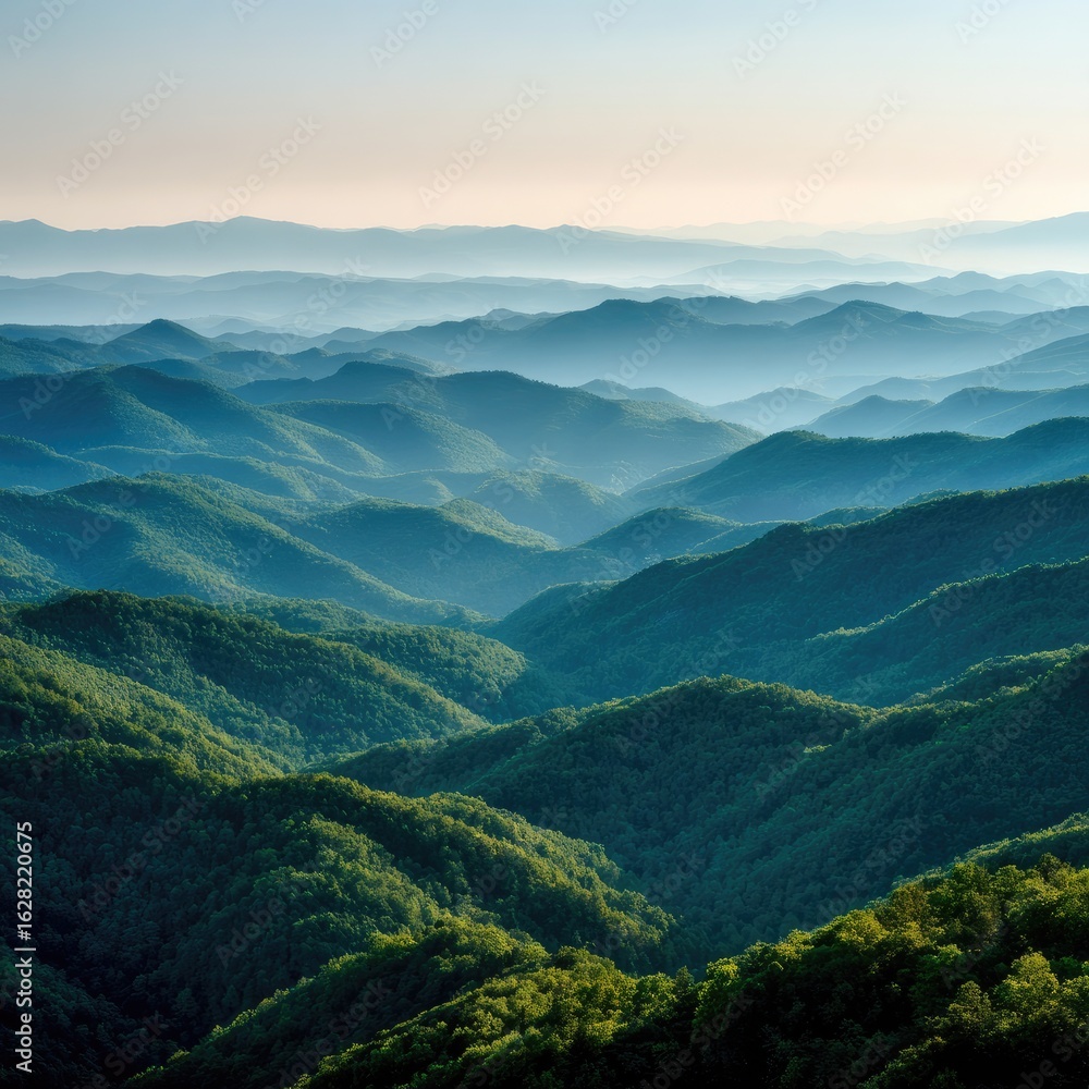 Fototapeta premium Misty mountain range, layers of green and blue