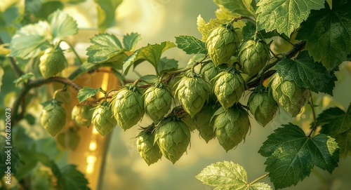 Fresh Green Hops Cones and Leaves on a Bine Bathed in Warm Sunlight Essential Ingredient for Craft Beer Brewing