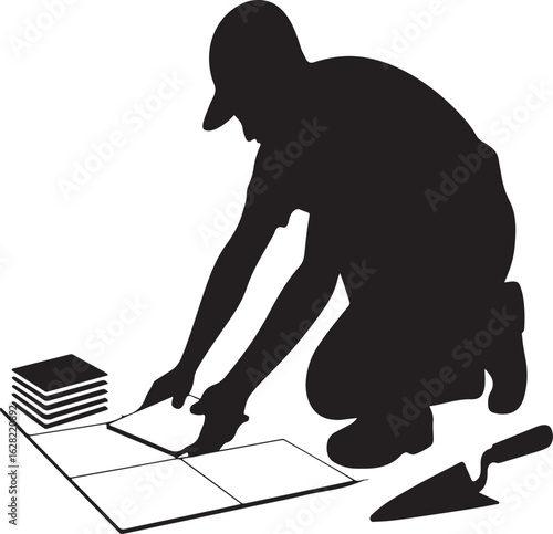Floor Tiling Worker Silhouette – Vector Solid Black Icon of a Tiler at WorkFloor Tiling Worker Silhouette – Vector Solid Black Icon of a Tiler at Work