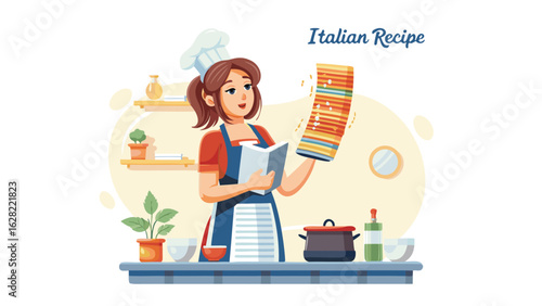 Woman in chef hat reading recipe book while holding italian dish in a bright kitchen setting scene