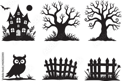 Spooky Halloween silhouettes: haunted house, bare trees, owl, fences
