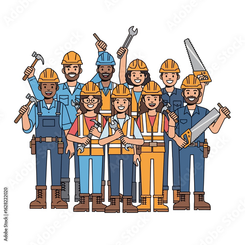 A diverse group of smiling construction workers, both men and women, proudly stand together holding various tools in a professional illustration.