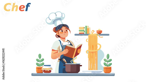 A female chef in uniform reads a cookbook next to a pot of pasta on a kitchen counter top shelf