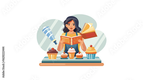 Woman reading a cookbook surrounded by cupcakes and a pastry bag on a striped table top view scene