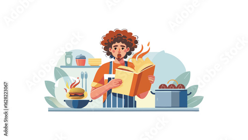 Woman reading a recipe book with burning pages next to a burger and pot of cherries in kitchen