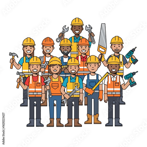 A diverse group of smiling construction workers stand together, holding various tools such as hammers, saws, and wrenches, showcasing teamwork and expertise in the building industry.