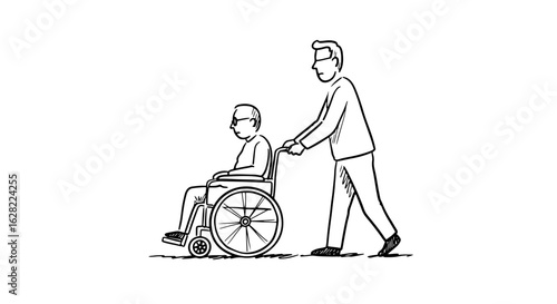 Caregiver assisting wheelchair user - supportive relationship and accessibility concept