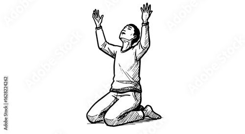 Contemplative person kneeling with uplifted hands in prayerful gesture