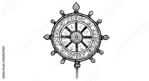 Intricate mandala-inspired prayer wheel with sacred symbols for spiritual reflection and meditation