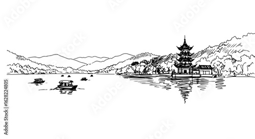 Scenic view of west lake hangzhou with pagoda and boats