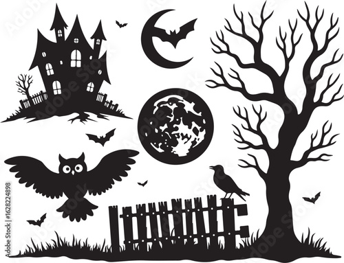 Spooky Halloween scene with haunted house, owl, bats, and full moon silhouette