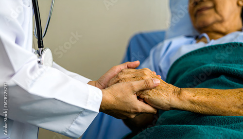 Wallpaper Mural Close-up of a doctor gently holding the hand of an elderly patient in a hospital bed, symbolizing care, support, and compassion in healthcare. Torontodigital.ca
