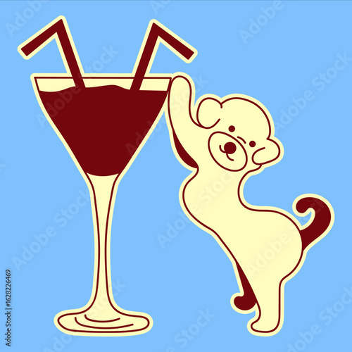 food menu icon dog with glass, dog with cocktail glass, cute dog illustration, pet bar logo, drink menu icon, dog mascot with drink, animal with wine glass, cocktail party dog, fun menu design,