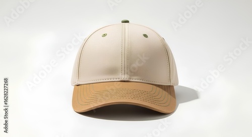Classic two-tone baseball cap in beige and brown. Stylish unisex headwear fashion accessory isolated on a white background.