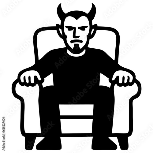 A bold black and white vector illustration of a devil-like character sitting confidently in a large armchair. Ideal for use in gaming logos, dark fantasy artwork, or villain-themed designs.