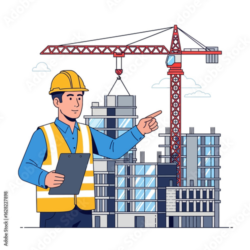 A construction foreman in a hard hat and vest directs a building project with a crane and modern architecture in the background.