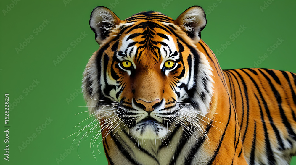 Obraz premium frontal view of a tiger on a green background, emphasizing its strength and regal presence. 4K HD image. 