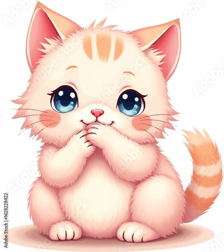 Cute shy cartoon kitten vector illustration Adorable ginger cat character with big blue eyes for kids or pet shop design